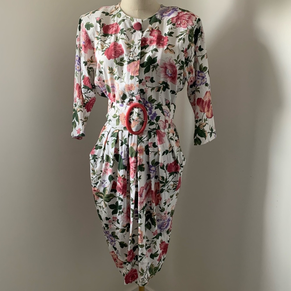 Ninon de Lenclos Vintage 80’s White w/ Floral Print 3/4 Sleeve Belted Midi Dress